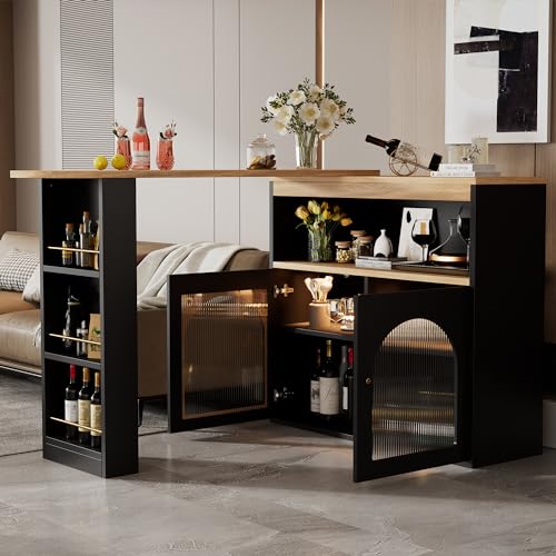 Rtopsu Ausziehbarer Bartisch Beistelltisch Esstisch Sideboard mit LED, Bistrotisch Stehtischschrank Buffetschrank mit 4 Stauraum Regal und Schrank für Esszimmer Wohnzimmer, 193x39x105 cm, Schwarz von Rtopsu