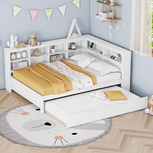 Rtopsu Doppelbett Holzbett 140x200 cm mit Ausziehbares Bett und USB-Type-C, Schlafsofa Tagesbett mit Stauraum Regal und Lattenrost aus Holz,Bett für Erwachsene und Kinder,Weiß,Ohne Matratze Rtopsu Doppelbett Holzbett 140x200 cm mit Ausziehbares Bett und USB-Type-C, Schlafsofa Tagesbett mit Stauraum Regal und Lattenrost aus Holz,Bett für Erwachsene und Kinder,Weiß,Ohne Matratze von Rtopsu
