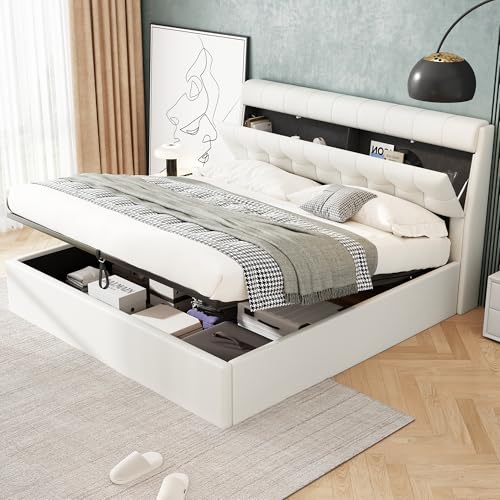 Rtopsu Doppelbett Polsterbett 160x200 cm mit Verdeckte Kopfteilablage, Hydraulisches Bett mit Stauraum und Kopfteil, Stauraumbett Bettgestell mit Lattenrost, PU, Weiß, Ohne Matratze Rtopsu Doppelbett Polsterbett 160x200 cm mit Verdeckte Kopfteilablage, Hydraulisches Bett mit Stauraum und Kopfteil, Stauraumbett Bettgestell mit Lattenrost, PU, Weiß, Ohne Matratze von Rtopsu