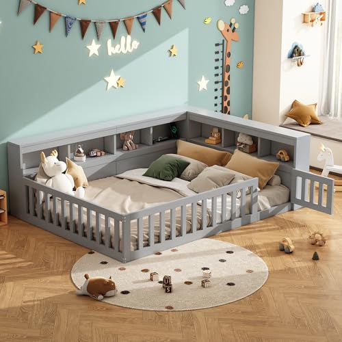 Rtopsu Kinderbett Bodenbett 140x200 cm mit USB und Steckdose, Doppelbett Bett mit Staufach Stauraum und Brüstung, Holzbett Bettgestell mit Lattenrost aus Holz, Grau, Ohne Matratze Rtopsu Kinderbett Bodenbett 140x200 cm mit USB und Steckdose, Doppelbett Bett mit Staufach Stauraum und Brüstung, Holzbett Bettgestell mit Lattenrost aus Holz, Grau, Ohne Matratze von Rtopsu