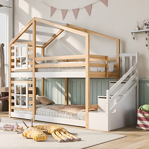 Rtopsu Kinderbett Etagenbett 90x200 cm, Hochbett Baumhausbett mit Treppe und Stauraum Schublade für 2 Kinder, Bett mit Rausfallschutz und Fenster, Hausbett mit Lattenrost, Natur & Weiß, Ohne Matratze von Rtopsu