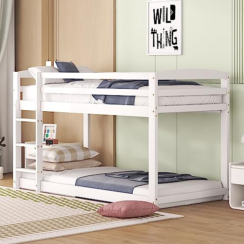 Rtopsu Kinderbett Etagenbett 90x200 cm, Hochbett mit Rausfallschutz und Treppe für 1-2 Kinder, Bett Bettgestell mit Lattenrost aus Holz, Weiß, Ohne Matratze von Rtopsu