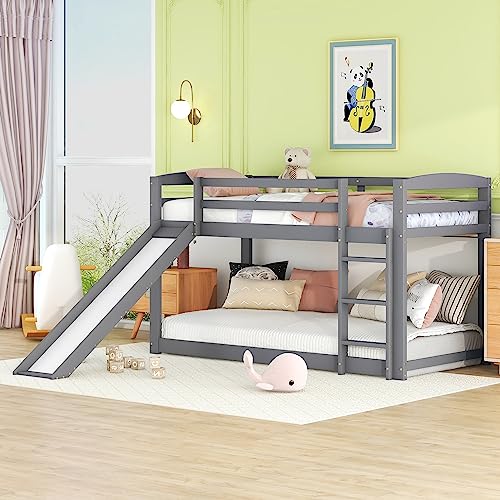 Rtopsu Kinderbett Etagenbett 90x200 cm, Hochbett mit Treppe und Rutsche für 1-2 Kinder, Bett Bettgestell mit Rausfallschutz und Lattenrost aus Holz, Gra'u, Ohne Matratze von Rtopsu