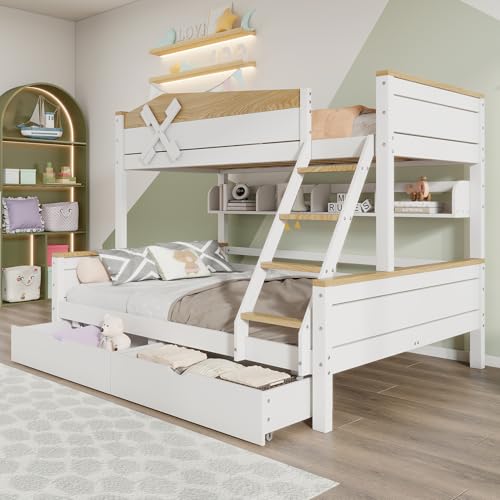 Rtopsu Kinderbett Etagenbett 90x200 cm & 140x200 cm mit Stauraum und Leiter,Hochbett mit Windmühle Hausbett Baumhaus Bett mit Lattenrost aus Holz und Rausfallschutz für 2-3 Kinder Weiß,Ohne Matratze von Rtopsu