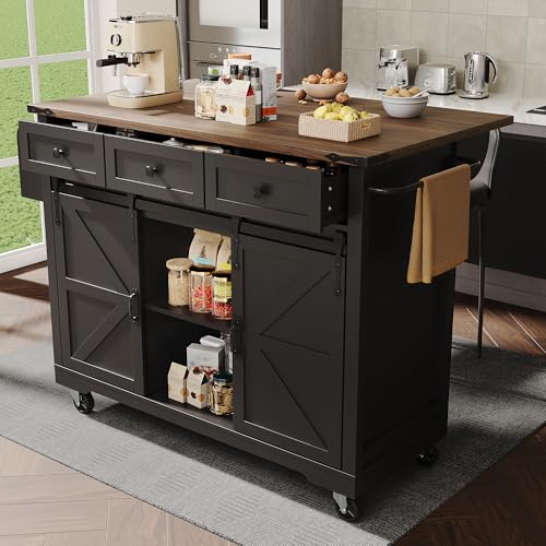 Rtopsu Kücheninsel Freistehend 140x73x94 cm mit Klappbarer Arbeitsplatte und 5 Rollen, Küchenschrank mit 2 Schiebetüren und 3 Schubladen, Küchenmöbel mit Ablage und Handtuchhalter, Schwarz von Rtopsu