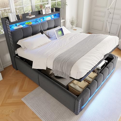 Rtopsu Doppelbett Polsterbett 140x200 cm, Jugendbett mit LED-Beleuchtung und USB-C, Stauraumbett mit Hydraulik Stauraum und Einlegeböden, Bett Bettgestell mit Lattenrost aus Holz, Grau, Ohne Matratze von Rtopsu