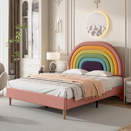 Rtopsu Polsterbett Doppelbett 140×200 cm, Bett mit Regenbogen Kopfteil, Bettgestell mit Lattenrost aus Holz, Höhenverstellbares Kopfteil, Samt, Rosa (Ohne Matratze) von Rtopsu