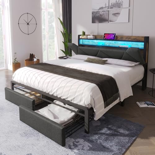 Rtopsu Polsterbett Doppelbett 140x200 cm mit LED-Beleuchtung und Typ-C USB-Kopfteil, Bett mit Stauraum Kopfteil und Schubladen, Bettgestell mit Lattenrost aus Metallrahmen, Grau, Ohne Matratze von Rtopsu