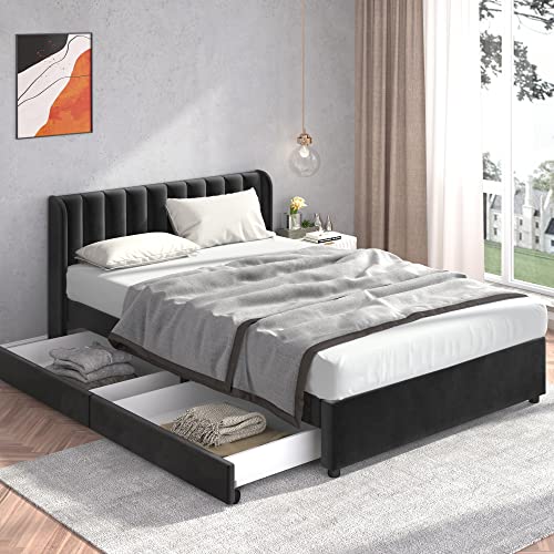 Rtopsu Polsterbett Doppelbett 160x200 cm, Bett mit 2 Stauraum Schubladen und Lattenrost aus Holz, Stauraumbett Bettgestell mit Metallrahmen, Samt, Schwarz (Ohne Matratze) von Rtopsu