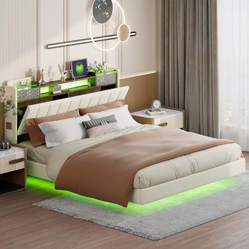 Rtopsu Polsterbett Doppelbett 160x200 cm mit LED-Beleuchtung und USB, Bett mit Stauraum Kopfteil, Bettgestell mit Metallrahmen und Lattenrost aus Holz, Schwebebett, Leinen, Beige, Ohne Matratze Rtopsu Polsterbett Doppelbett 160x200 cm mit LED-Beleuchtung und USB, Bett mit Stauraum Kopfteil, Bettgestell mit Metallrahmen und Lattenrost aus Holz, Schwebebett, Leinen, Beige, Ohne Matratze von Rtopsu