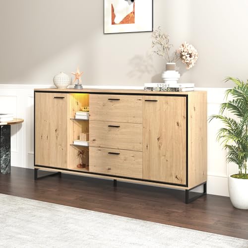 Rtopsu Sideboard Beistellschrank mit LED-Beleuchtung für Küche Wohnzimmer und Esszimmer, Buffetschrank Standschrank Küchenschrank mit 2 Türen und 3 Stauraum Schubladen, 160x40x85 cm, Schwarz & Natur von Rtopsu