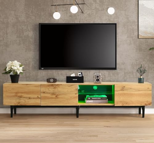 Rtopsu TV-Schrank 175 cm Länge, Fernsehtisch Lowboard mit LED-Licht für Fernseher bis zu 80 Zoll, TV Lowboard Fernsehschrank mit 3 Türen und Stauraum für Wohnzimmer Esszimmer Schlafzimmer, Holz, Natur von Rtopsu