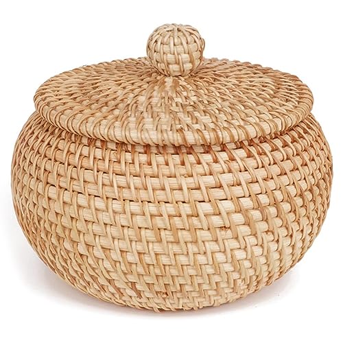 Rtppyakk Runder Rattankorb mit Deckel, Rattan-Aufbewahrungskorb mit Deckel, für Tischregal von Rtppyakk