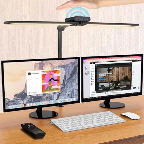 Rtrevlo LED-Schreibtischlampe mit Klemme, Doppelkopf-LED-Schreibtisch Licht für Home Office 24W Ultra-Briten-Augenfassungen mit einstellbarer 25 Beleuchtungstischlampe mit Fernbedienung von Rtrevlo