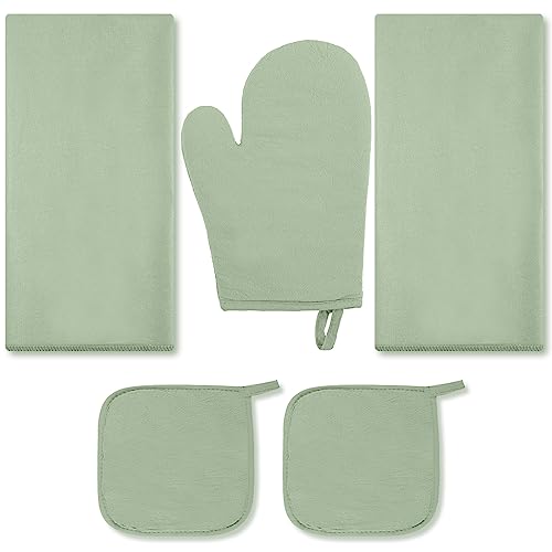 Rtteri 5-teiliges grüne Küchentücher, Topflappen, Ofenhandschuhe, 2 Geschirrtücher, 2 grüne Topflappen, 1 Kochhandschuhe, Ofenhandschuh zum Kochen, Backen, Grillen, Salbeigrün von Rtteri