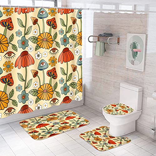 Boho-Duschvorhang-Set mit rutschfesten Teppichen, WC-Deckelbezug und Badematte, Hippie, bunt, Badezimmer-Duschvorhang-Sets für ästhetische Badezimmer-Dekoration von Rtteri