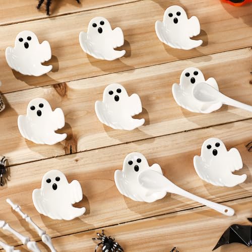 Rtteri 10 Stück Halloween Mini Ghost Keramik Löffelablagen 7,1 cm kleiner weißer Geisterförmiger Löffelhalter für Kaffee-Rührer, Teelöffel, Bar, Kaffeestation, Bar, Arbeitsplatte, Organizer von Rtteri