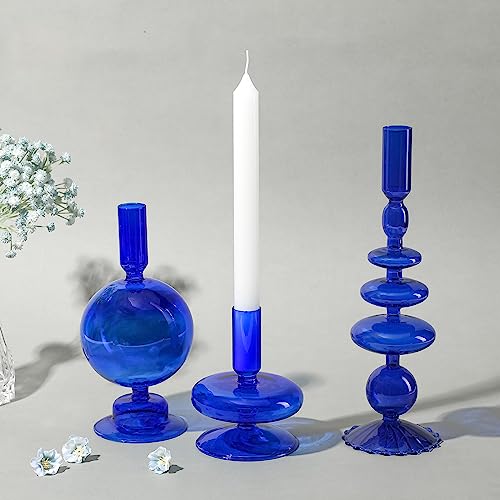 Rtteri Kerzenhalter aus Glas, 3 Stück, kegelförmig, groovig, gewellt, Glas, Kerzenständer, elegante Glasvasen für Zuhause, Party, Tafelaufsatz (blau) von Rtteri