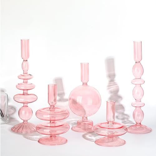 Rtteri Kerzenständer aus Glas, 5 Stück, bunt, kegelförmig, groovig, gewellt, Glas, Kerzenhalter, elegante Glas-Kerzenständer, Glasvase für Zuhause, Party, Herzstück (Rosa) von Rtteri