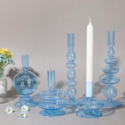 Rtteri Kerzenständer aus Glas, bunt, Kerzenständer, Kerzenständer, gewellt, elegant, Glasvase für Zuhause, Party, Tafelaufsatz (Hellblau), 5 Stück von Rtteri