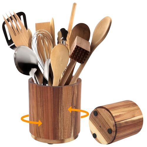 Utensilienhalter aus Holz, 360° Drehbarer Küchenutensilienhalter, Küchenutensilien Aufbewahrung mit Rutschfeste Matte, 17 x 15 cm, Kitchen Utensil Holder für Löffel, Gabeln von Ruaizel