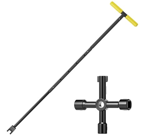 Wasserzählerschlüssel, Stahl-T-Griff-Bordsteinschlüssel mit 4-Wege-Werkzeug, 43–94 cm, Verstellbare Länge, Multifunktionsschlüssel für Armaturen, Ventile, Wasserrohre (Gelb) von Ruaizel
