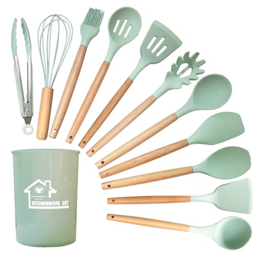 12-teiliges Silikon-Utensilien-Set zum Kochen, Backen, Küchenspatel, Holzgriffe, hitzebeständiger Löffel, antihaftbeschichtet, Pfannenwender, Silikonspatel mit Holzgriff, leicht zu reinigen von Ruarby