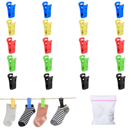 Ruayia 20 Sockenklammern mit 1 Wäschebeutel, Sockenclips für Waschmaschine und Trockner Sockenclips, Bunte Mini Sockenklammern für Socken mit Sockenclip direkt in die Schublade OHNE sie zu Falten von Ruayia