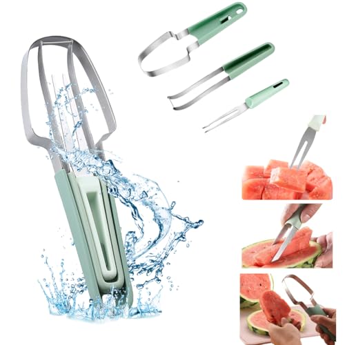 3-In-1 Obstschneider Aus Edelstahl, Wassermelonen Schneider, Melonenschneider Multifunktion, Wassermelonen-Fruchtschneidegabel für Wassermelone Schneiden, Cantaloupe, Papaya, Drachenfrucht - Grün von Ruayia