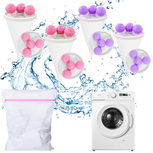 Ruayia 4x Waschbäll mit 1x Wäschenetz für Waschmaschine, Fussel-Haarfänger aus Haustierpelz im konisch zulaufenden Mesh-Design (2*Pinker Waschbäll+2*Lila Waschbäll） von Ruayia