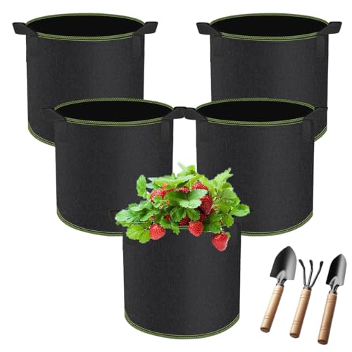 Ruayia 5 x 18L Stofftöpfe + 3 Stück Gartenwerkzeug-Set-Gartenkelle, Pflanzsack aus Vlies Stoff, Reißfesten Stoff Vliesstoff Pflanztasche mit Griffe für Balkon Terrasse Gewächshaus&Garten von Ruayia