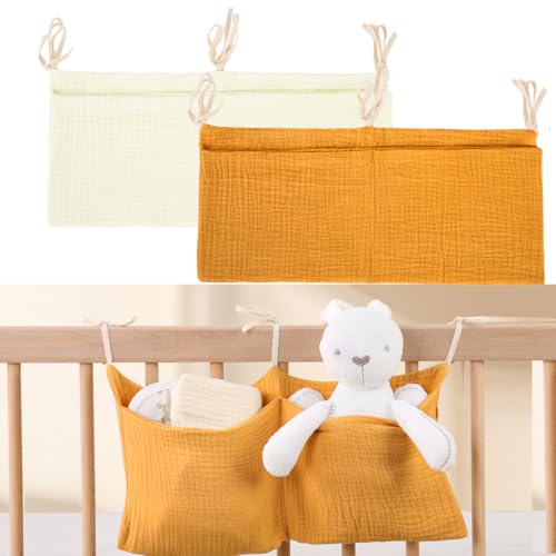 Ruayia Babybett Organizer Hängend 2 Stück, Babybett Zubehör Bett Organizer Kinder Wickeltisch Organizer Kinderzimmer Hängender Betttasche Spielzeugtasche Baby Windel Caddy Hängen Krippe - Gelb + Beige von Ruayia
