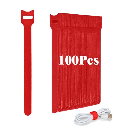 Ruayia Klettband Selbstklebend Kabelbinder 100 Stück, Wiederverwendbare Kabelbinder 12 * 150mm Ladekabel Hook & Loop Tape Kabel klettkabelbinder - Rot von Ruayia