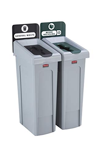 Rubbermaid Commercial Products Slim Jim® Recyclingstation | 2-Abfallarten | Farbkodierte Recyclingbehälter für Deponie (Schwarz) und Recycling-Mix (Grün) | 2129601 von Rubbermaid Commercial Products