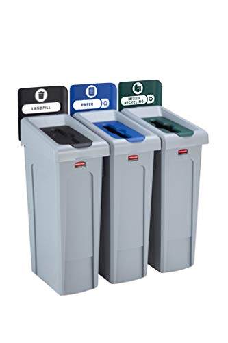 Rubbermaid Commercial Products Slim Jim® Recyclingstation | 3 Abfallarten | Farbcodierte Recycling-Behälter für Deponie (Schwarz), Papier (Blau) und Recycling-Mix (Grün) | 2057606 von Rubbermaid Commercial Products