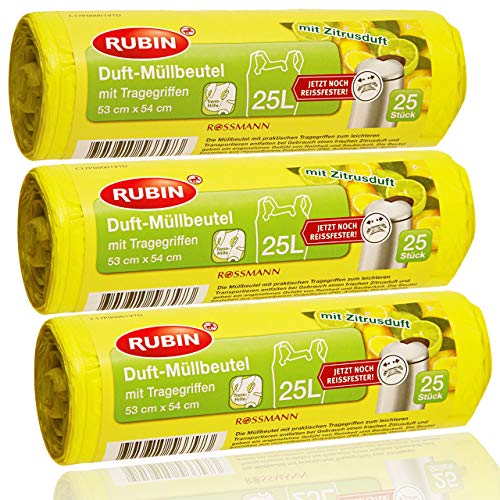 Rubin Duft Müllbeutel - 25 Liter (75 Stück) - Mit Tragegriffen - dezent duftend - 3er Pack (3 x 25 Stück) - Ideal für Haushalt- Büro- und Badeimer von Rubin