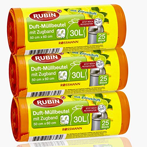 Rubin Duft-Müllbeutel - 30 Liter - recycelbar mit Zugband & besonders reißfest - 75 Stück - 3er Pack - (3 x 25 Stück) von Rubin