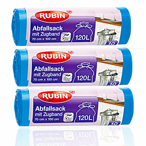 Zugband Müllsäcke - 120 Liter (30 Stück) - Für Haushalt und Büro - Reißfest und Flüssigkeitsdicht - 3er Pack (3x10 Stück) - Recyclebar - Besonders klein verpackt von Rubin