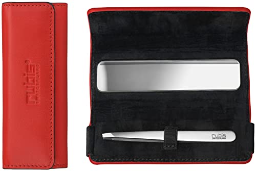 Rubis Pinzette - Augenbrauen Pinzette schräg in rotem Leder Pinzetten Etui mit Handtaschen Spiegel für unterwegs - schräge Spitze zur Haarentfernung von Rubis