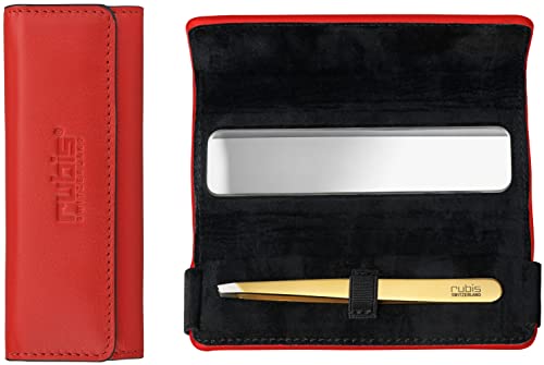 Rubis Pinzette Gold - Augenbrauen Pinzette schräg in rotem Leder Pinzetten Etui mit Kosmetikspiegel klein für die Handtasche - schräge Spitze zur Haarentfernung von Rubis