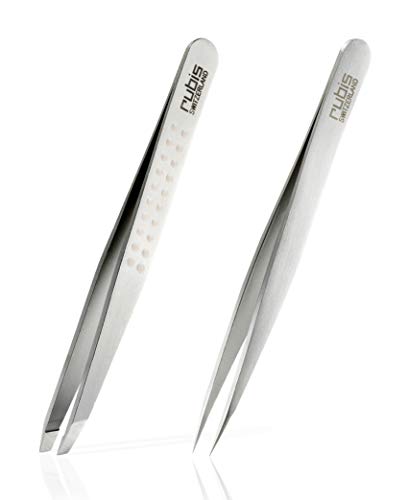 Rubis Pinzetten Set - Augenbrauenpinzette schräg und Splitterpinzette mit spitzer Spitze aus Edelstahl von Rubis