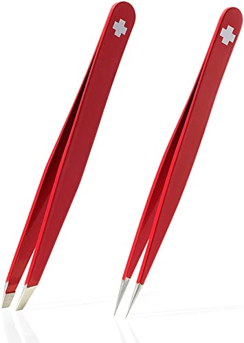 Rubis Pinzetten Set - Augenbrauenpinzette schräg und Splitterpinzette mit spitzer Spitze aus Edelstahl von Rubis