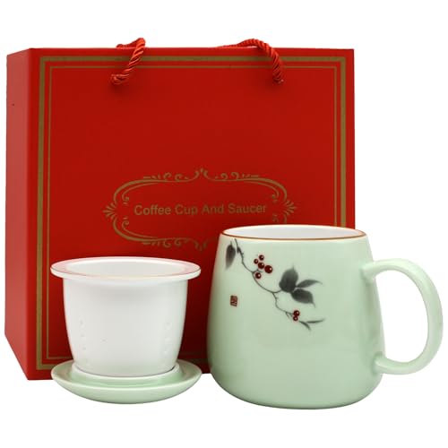 Rubruan Porzellan Teetasse 3er Set Geschenkbox - Traditionelles Chinesisches Teegeschirr Persönliche Tasse Glasur Keramik Trinkgefäß mit Deckel Sieb Geschenk für Damen Herren (Hellgrün) von Rubruan