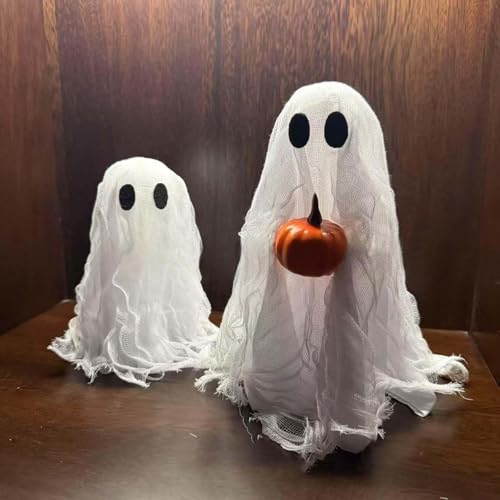 2 Stück Halloween Dekoration-Sherpa Gespenster mit Kürbis Deko Geist Indoor Niedliches Gespenst Tischdekoration für Vorgarten, Terrasse, Rasen, Garten, Partydekor (Weiß) von Rubu22a