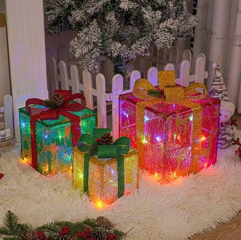 3er Set LED Geschenkbox, Leuchtboxen,Weihnachtsdeko mit 100 warmweiß LEDs innen Strom, Versammlung, Party Dekoration Requisiten (A) von Rubu22a