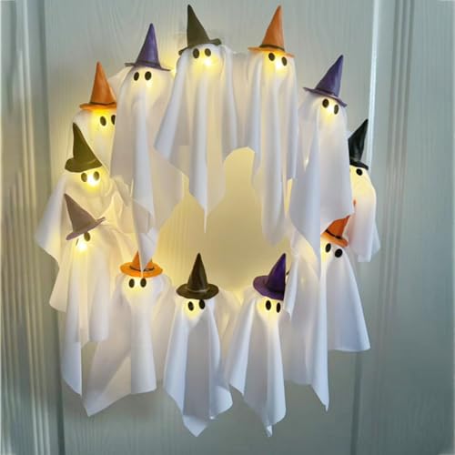 Halloween Geist Kranz,12 LED Leuchtende Weiße Geist Girlande,3D Deko Set für Haustür, Wand, Party, Urlaub Gruselige Girlanden (A) von Rubu22a