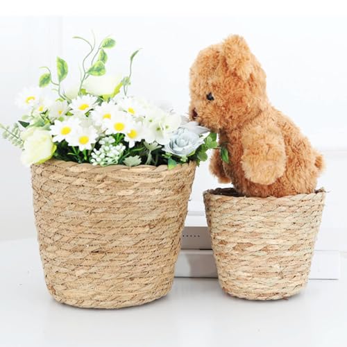 Korb 2er Set Pflanzenkorb Seegras Pflanzkübel Rund Blumentopf Pflanze Blumen Aufbewahrungskorb Kräutertopf übertopf Boho, Blumenübertopf Deko geflochten (13×15 cm) von Rubu22a