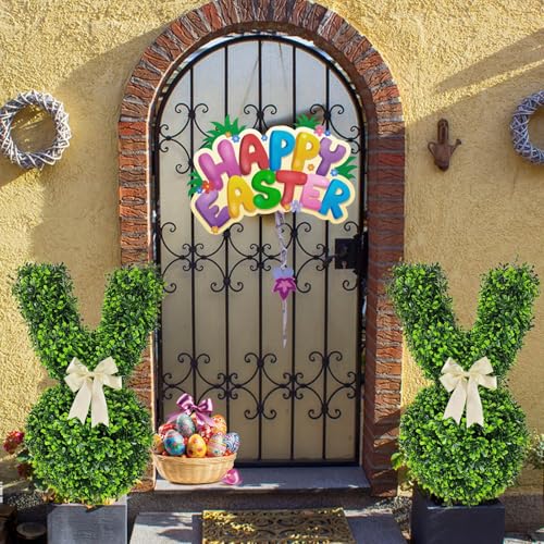 Rubu22a Hasen-Formschnitt Künstlich, Dekorative Figur Osterhase mit Holzständer, Grüne Kaninchenfigur für die Osterhasenbaum –Dekoration im Innen und Außenbereich (2, A) von Rubu22a