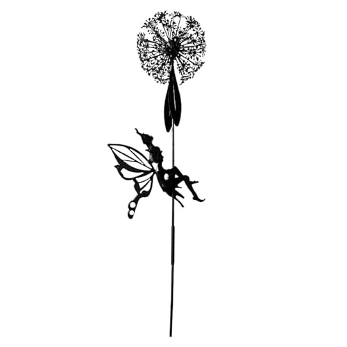 Rubu22a Tanzende Blumenfee mit Pusteblume, Feengarten-Skulpturen, Engel-Metallornamente, Garten-Kunstskulptur, Edelstahl-Statue, Kunstdekoration (Schwarz-H) von Rubu22a