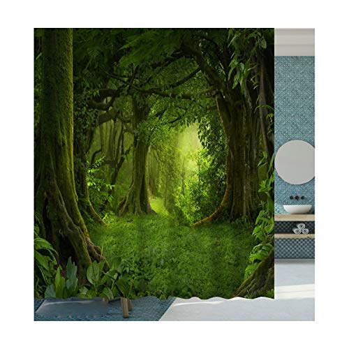 Rubyia Duschvorhang 90x180, Wald 3D Motiv Bad Duschvorhang mit Duschvorhangringen, Polyester, Grün von Rubyia